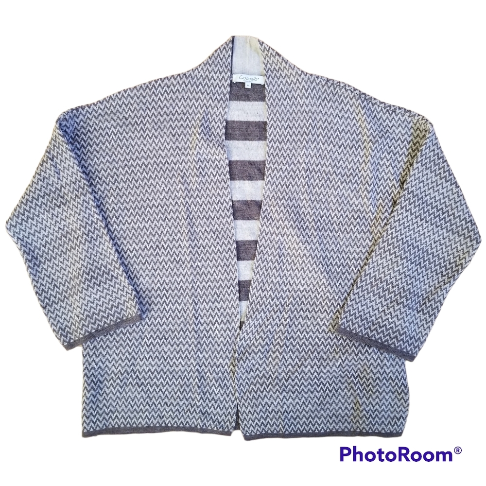 Women's Cocogio Brown Tan Cardigan | Open Front Zig Zag | Size Medium